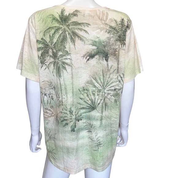 Christopher & Banks Womens XL Palm Tree Print T-Shirt Green & Cream - Picture 2 of 7